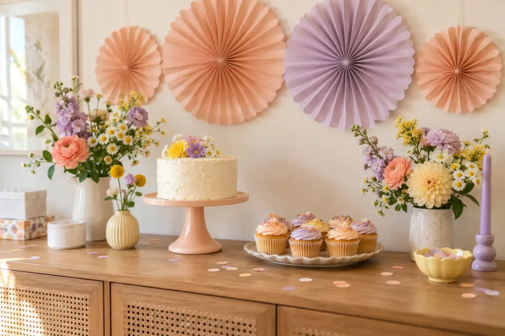 Babyshowerhoek met perzikkleurige en lila papierwaaiers, confetti en cupcakes