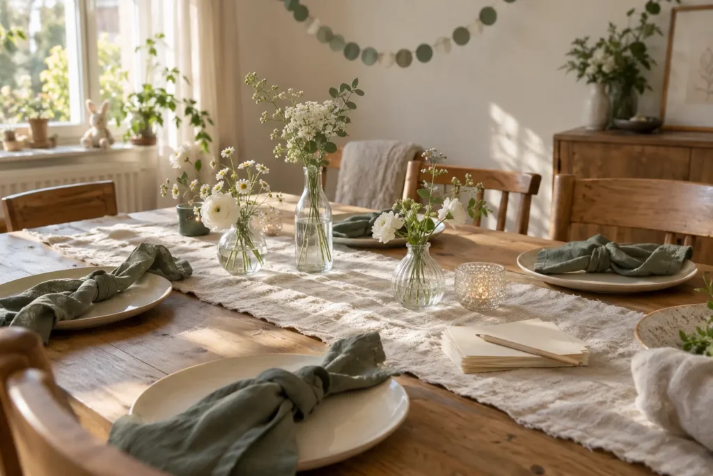 Babyshowertafel met saliegroene servetten, linnen en witte bloemen in kleine vaasjes