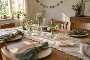 Babyshowertafel met saliegroene servetten, linnen en witte bloemen in kleine vaasjes