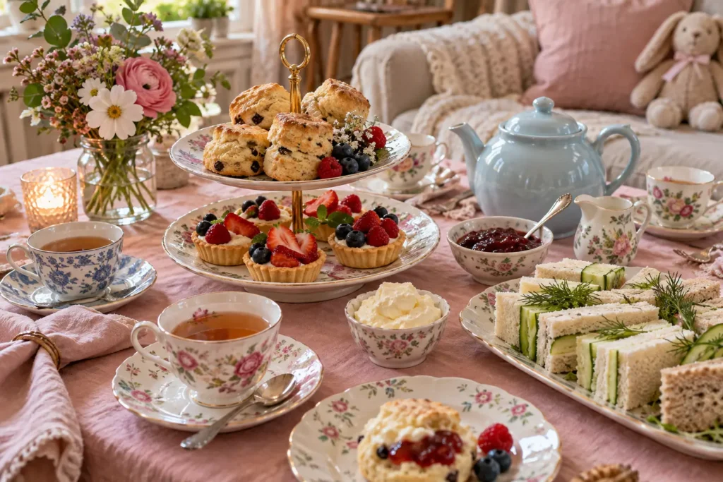 High tea voor een babyshower met bloemkopjes, scones, fruittaartjes en sandwiches